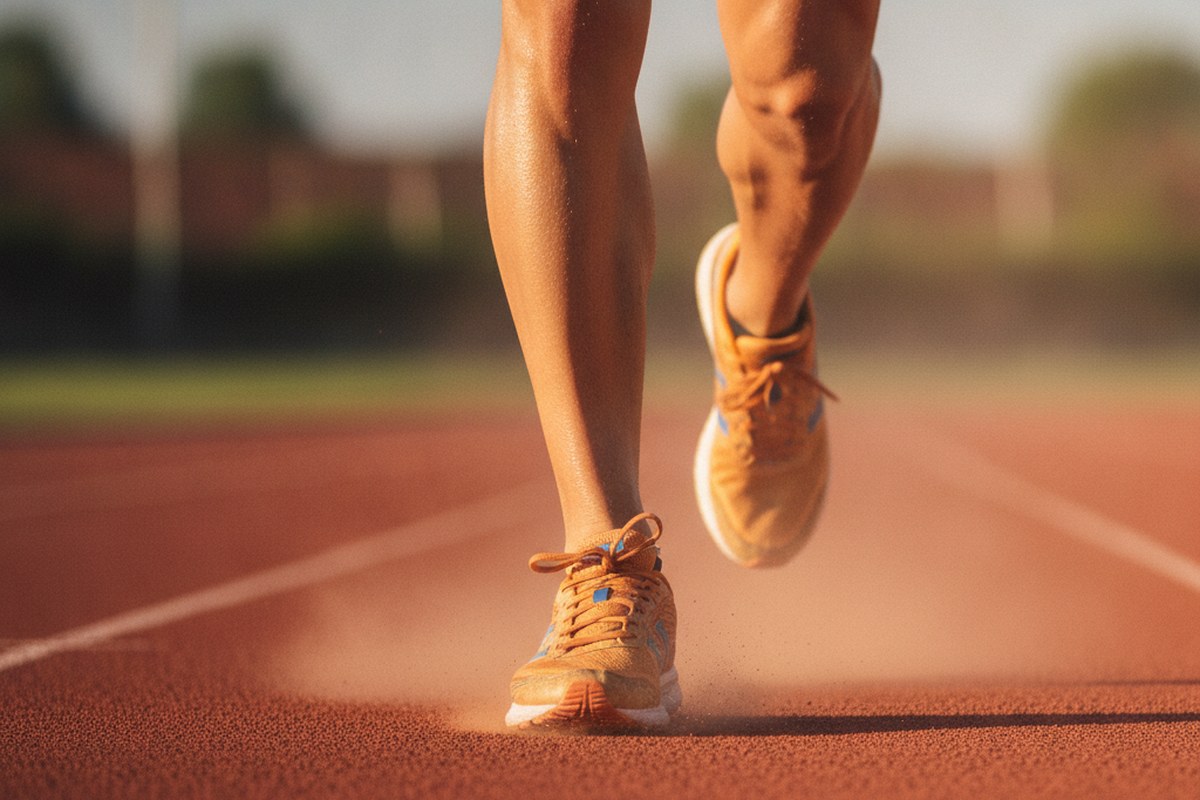 Gros plan sur les jambes et chaussures d'un coureur en foulée sur piste