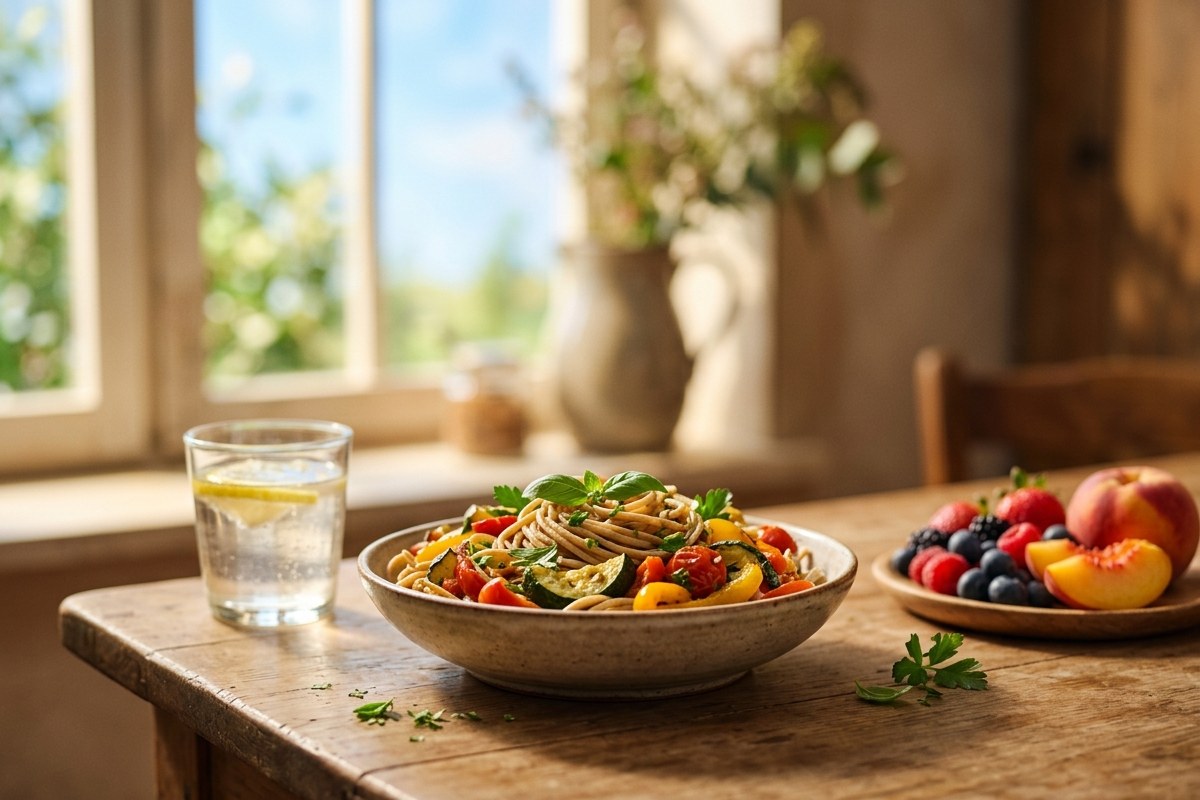 Bol de pâtes complètes avec légumes colorés pour coureur, repas de récupération