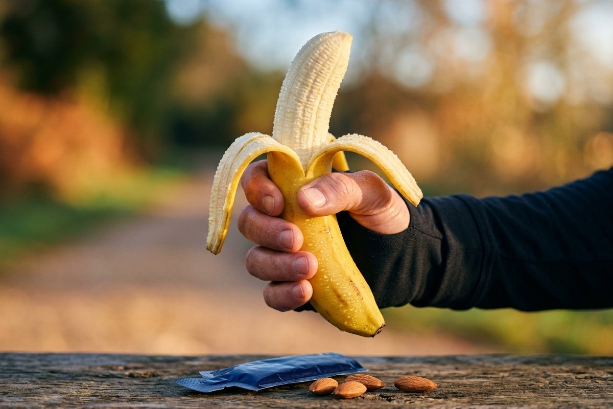 Banane épluchée tenue en main par un coureur au lever du soleil, en-cas avant entraînement