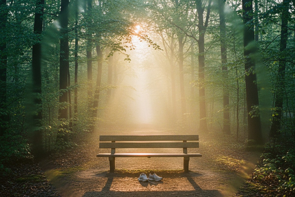 Banc de bois sur un sentier de sous-bois au lever du jour, brume et rayons dorés