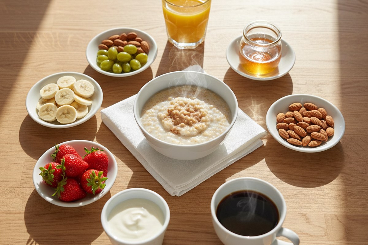 Bol de porridge garni de fruits frais et de toppings sur une table en bois clair