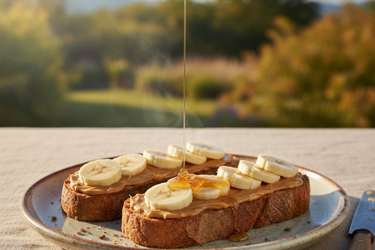Gros plan sur deux toasts au beurre d'amande et tranches de banane avec un filet de miel