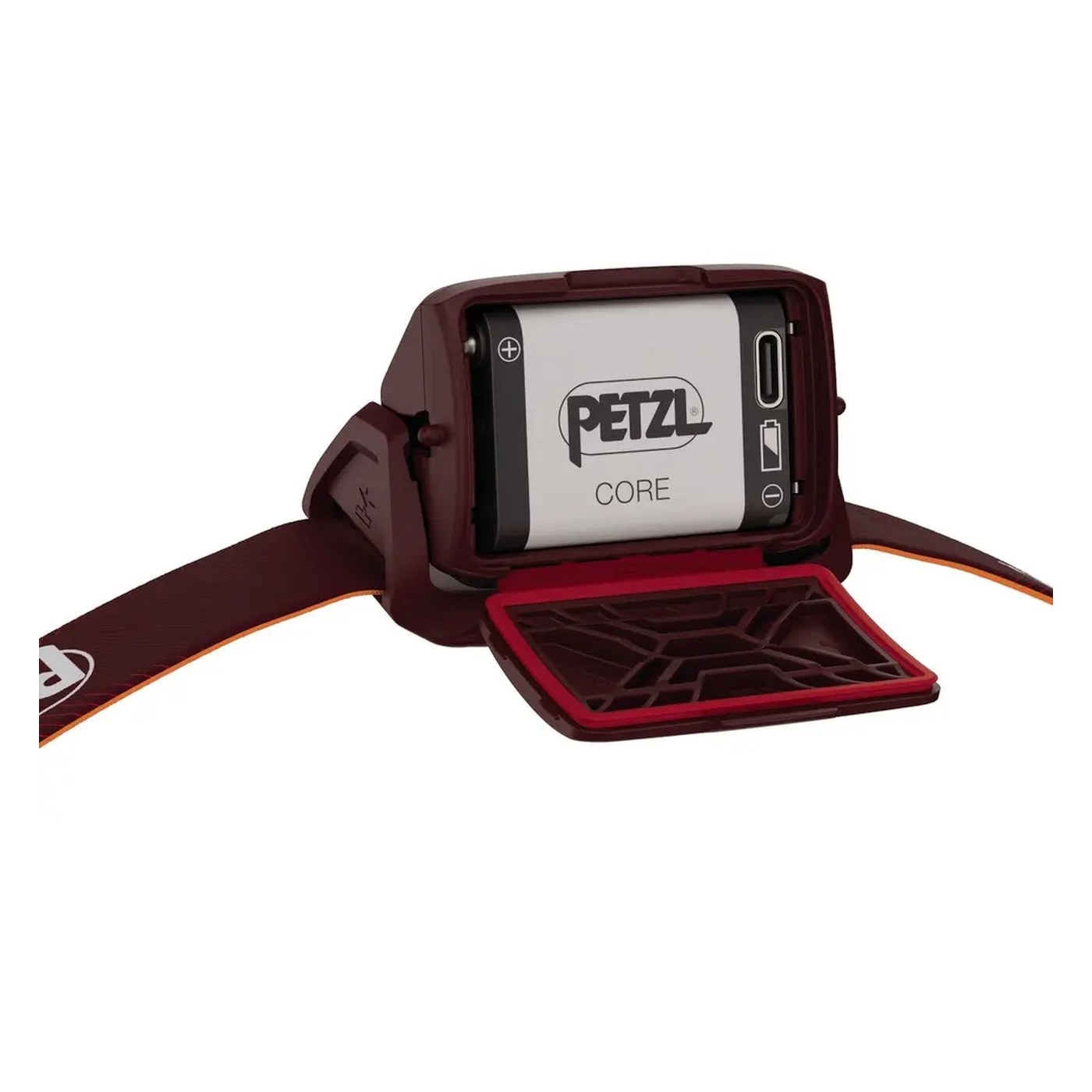 Petzl Actik Core, compartiment batterie CORE ouvert avec port USB-C
