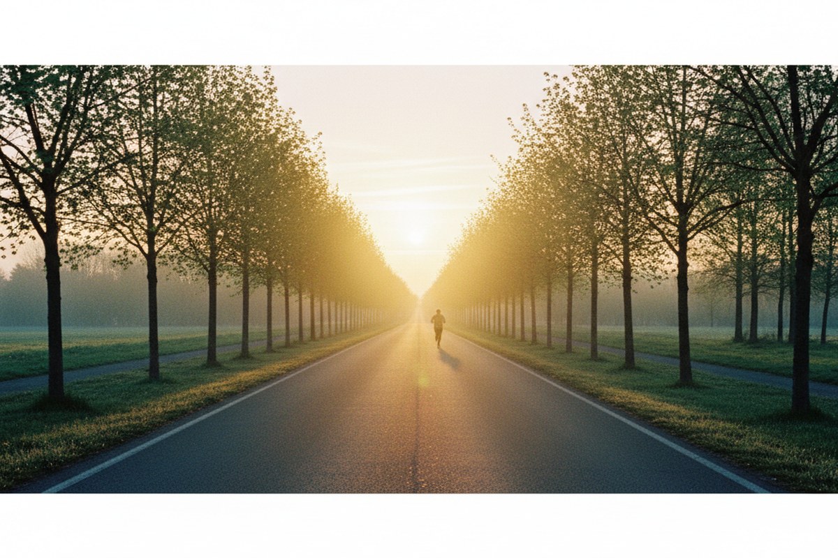 Route bordée d'arbres au lever du soleil, vide, avec une silhouette de coureur au loin