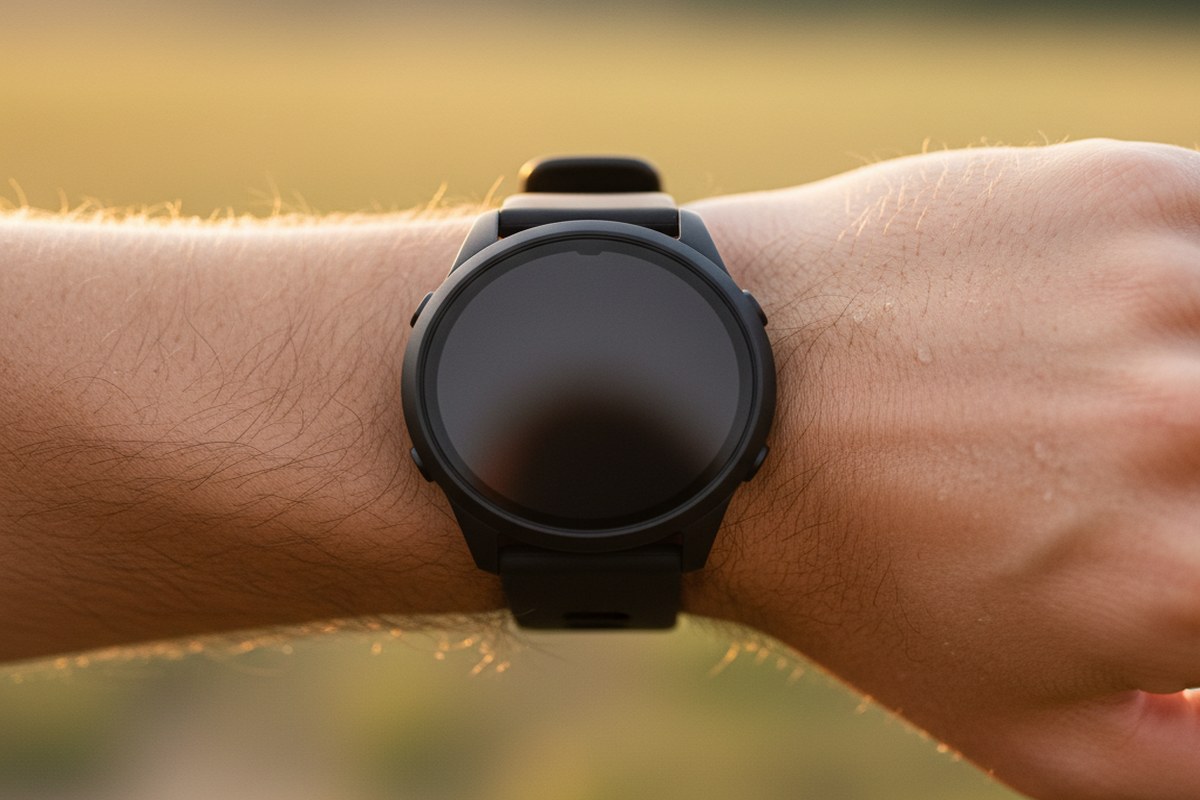Gros plan d'une montre GPS noire sans logo au poignet d'un coureur