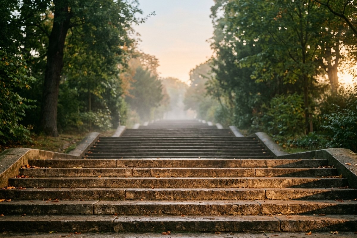 Escalier de pierre en plein air au lever du jour, désert et enveloppé de brume légère
