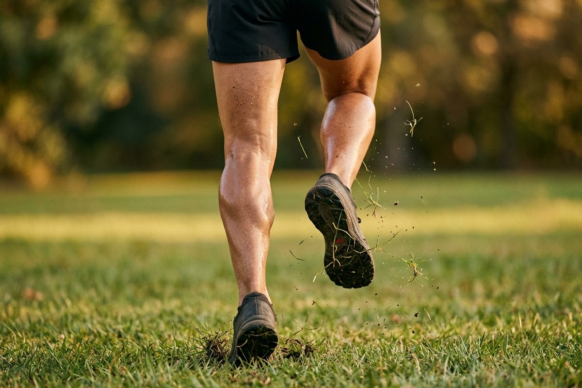 Gros plan sur les jambes d'un coureur au moment de l'impulsion sur un sol herbeux