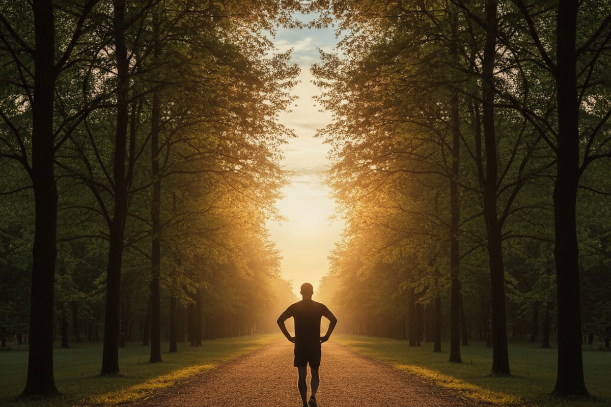 Coureur qui ralentit et respire profondément sur une allée bordée d'arbres au lever du soleil