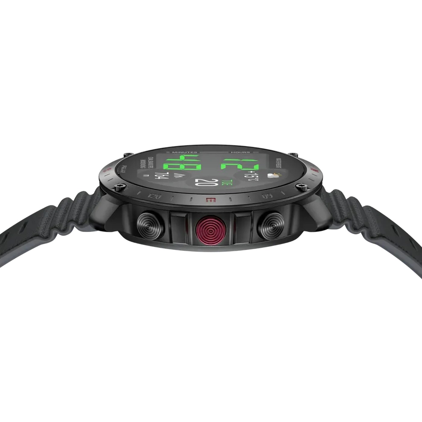 Polar Grit X2 Pro profil latéral droit, couronne rouge, boutons usinés, boîtier acier inoxydable Black Steel
