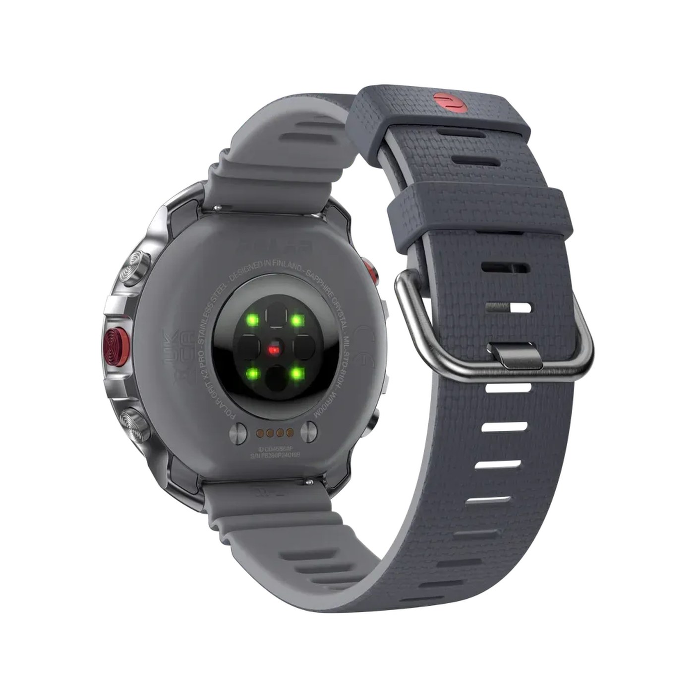 Polar Grit X2 Pro vue arrière capteur Polar Elixir Gen 4 OHR + ECG, gravure designed in Finland, sapphire crystal, MIL-STD-810H