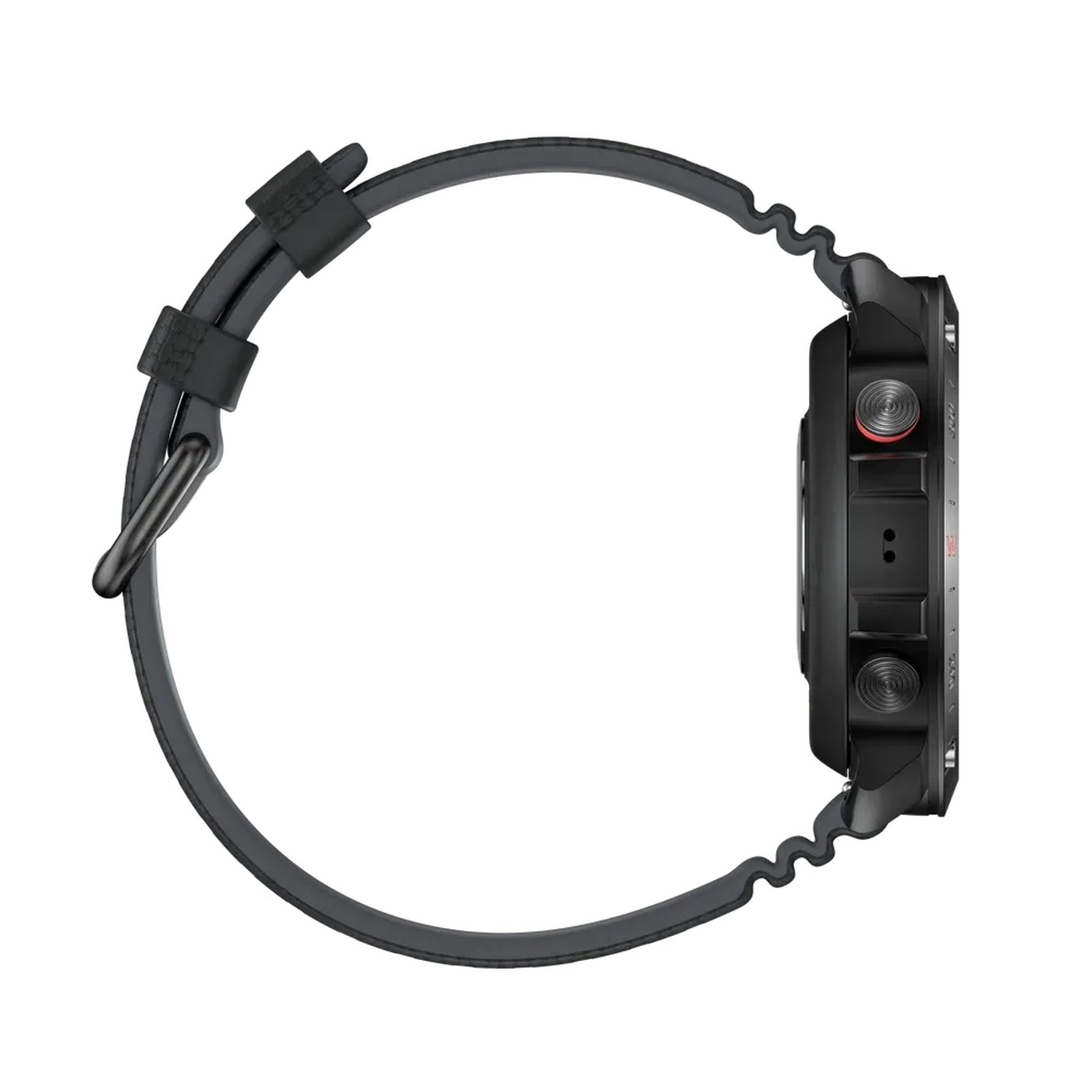 Polar Grit X2 Pro profil latéral gauche, bracelet silicone noir perforé, lunette acier inoxydable Black Steel