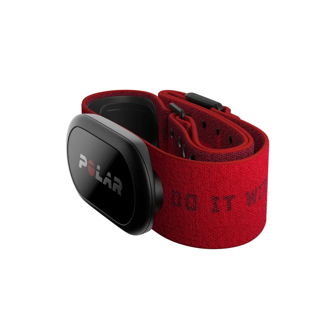 Polar H10 vue trois quarts arrière du boîtier émetteur sur sangle rouge