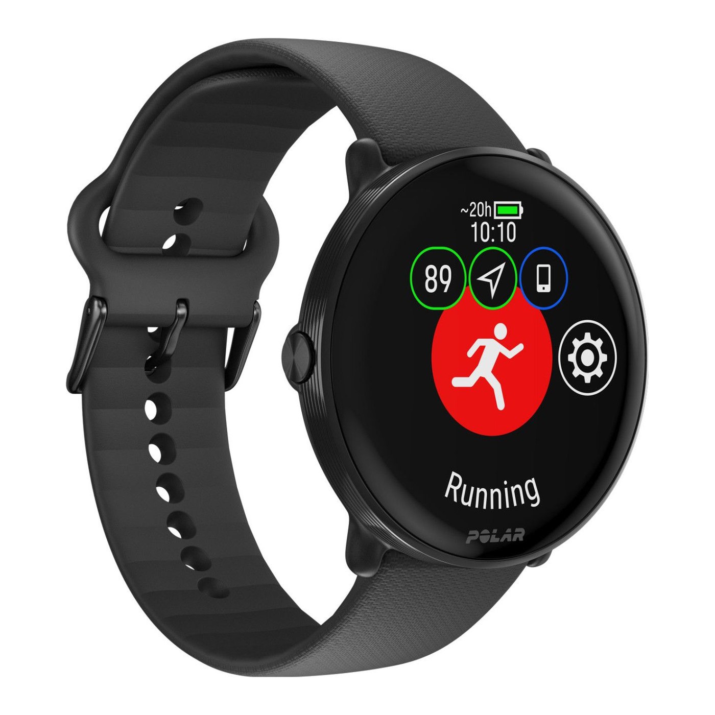 Polar Ignite 3 in Night Black, Dreiviertelansicht im Lauf-Modus