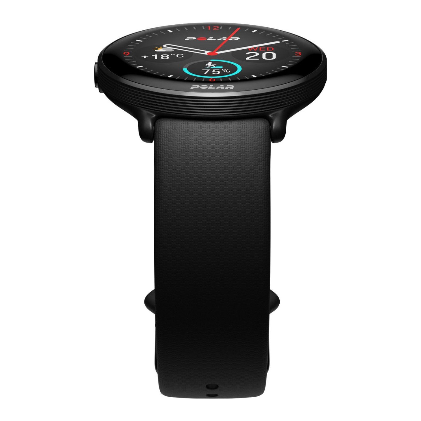 Polar Ignite 3, zweites Zifferblatt mit Uhrzeit, Wetter und Aktivitätsprozentsatz des Tages