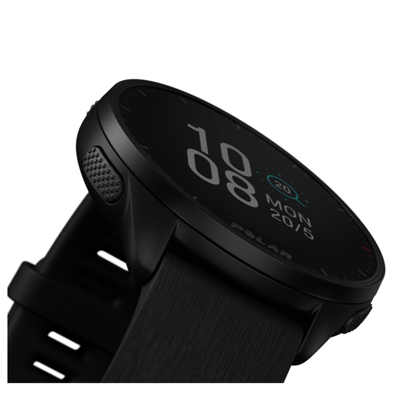 Polar Pacer, angled view of the screen and crown, Night Black colorway