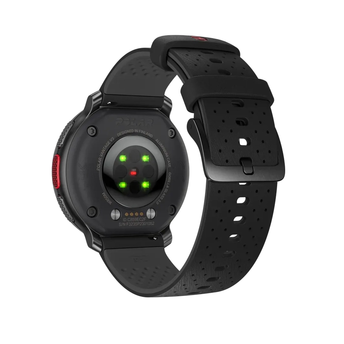 Polar Vantage V3 vue arrière capteur Polar Elixir avec 4 LEDs vertes et 1 LED rouge ECG