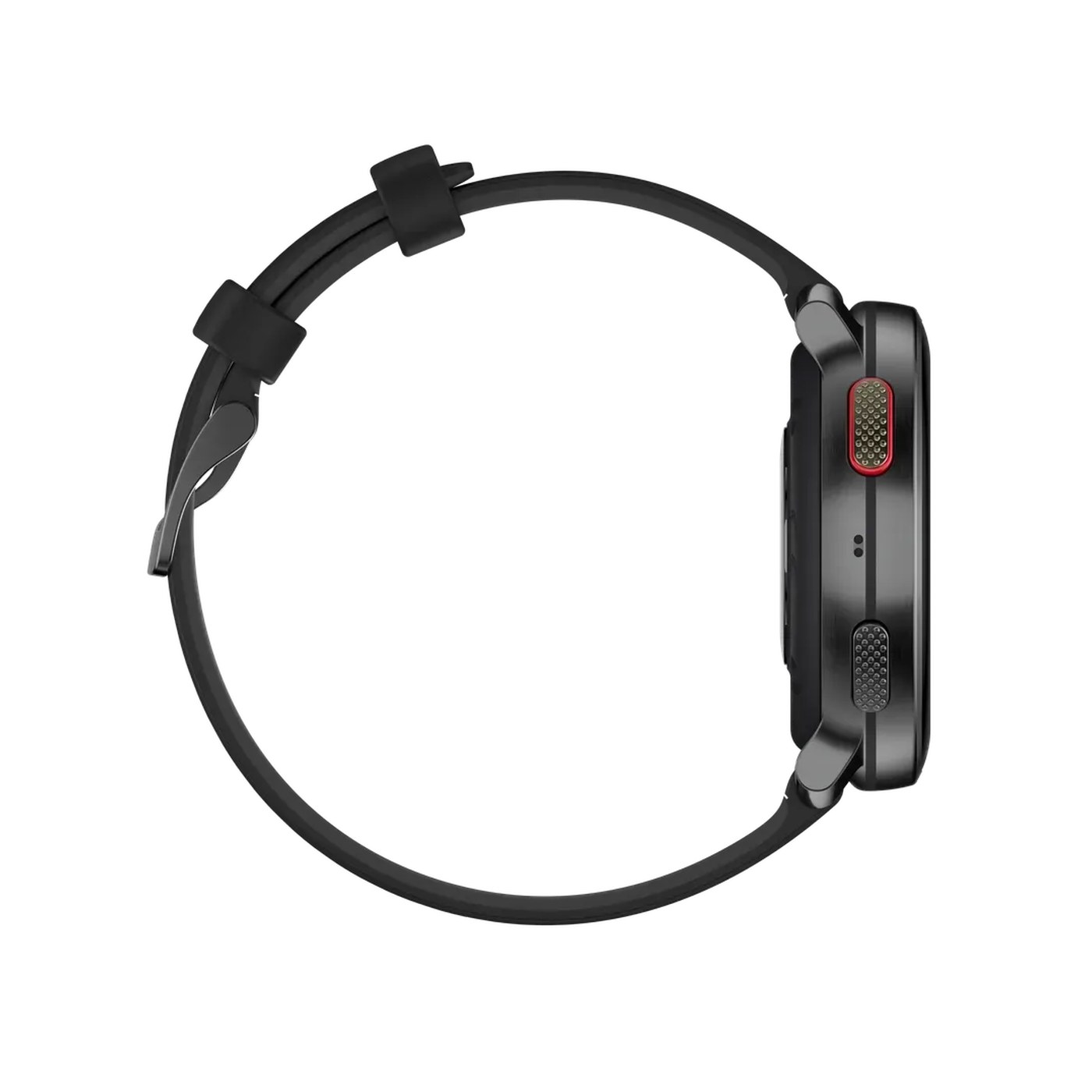 Polar Vantage V3 vue profil latéral avec couronne rouge et boutons texturés