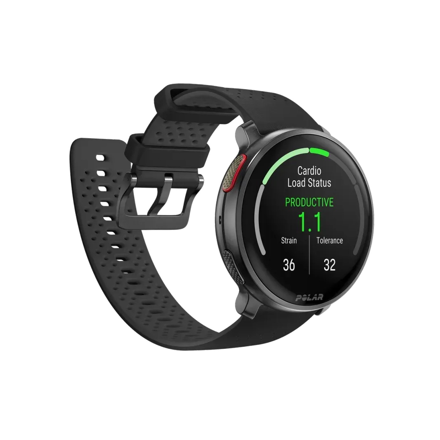 Polar Vantage V3 vue 3/4 face avec Cardio Load Status PRODUCTIVE 1.1 Strain 36 Tolerance 32