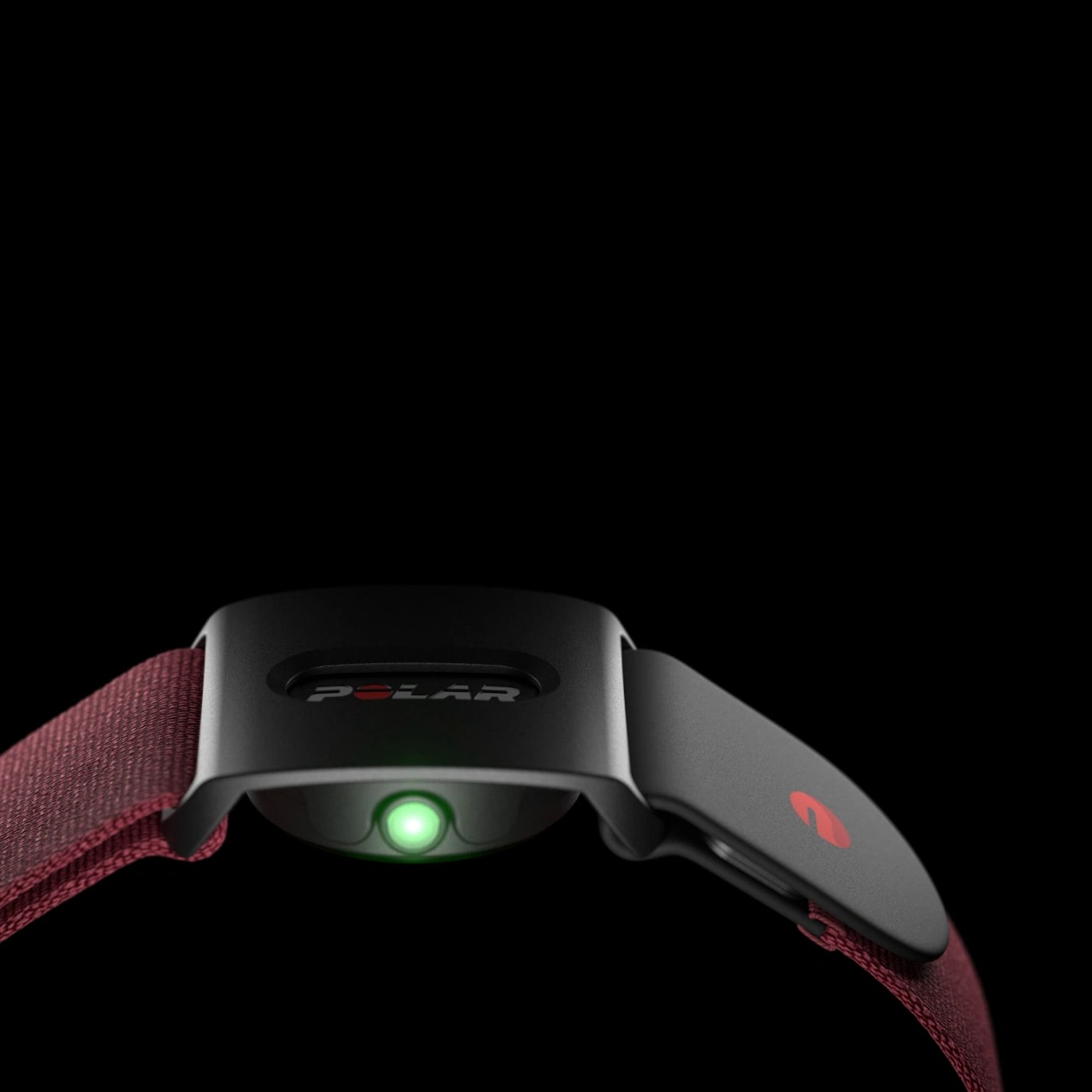 Polar Verity Sense, vue arrière du capteur avec LED optique allumée