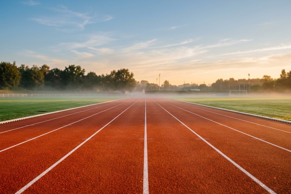 Piste d'athlétisme vide à l'aube, lumière dorée du matin sur la surface rouge