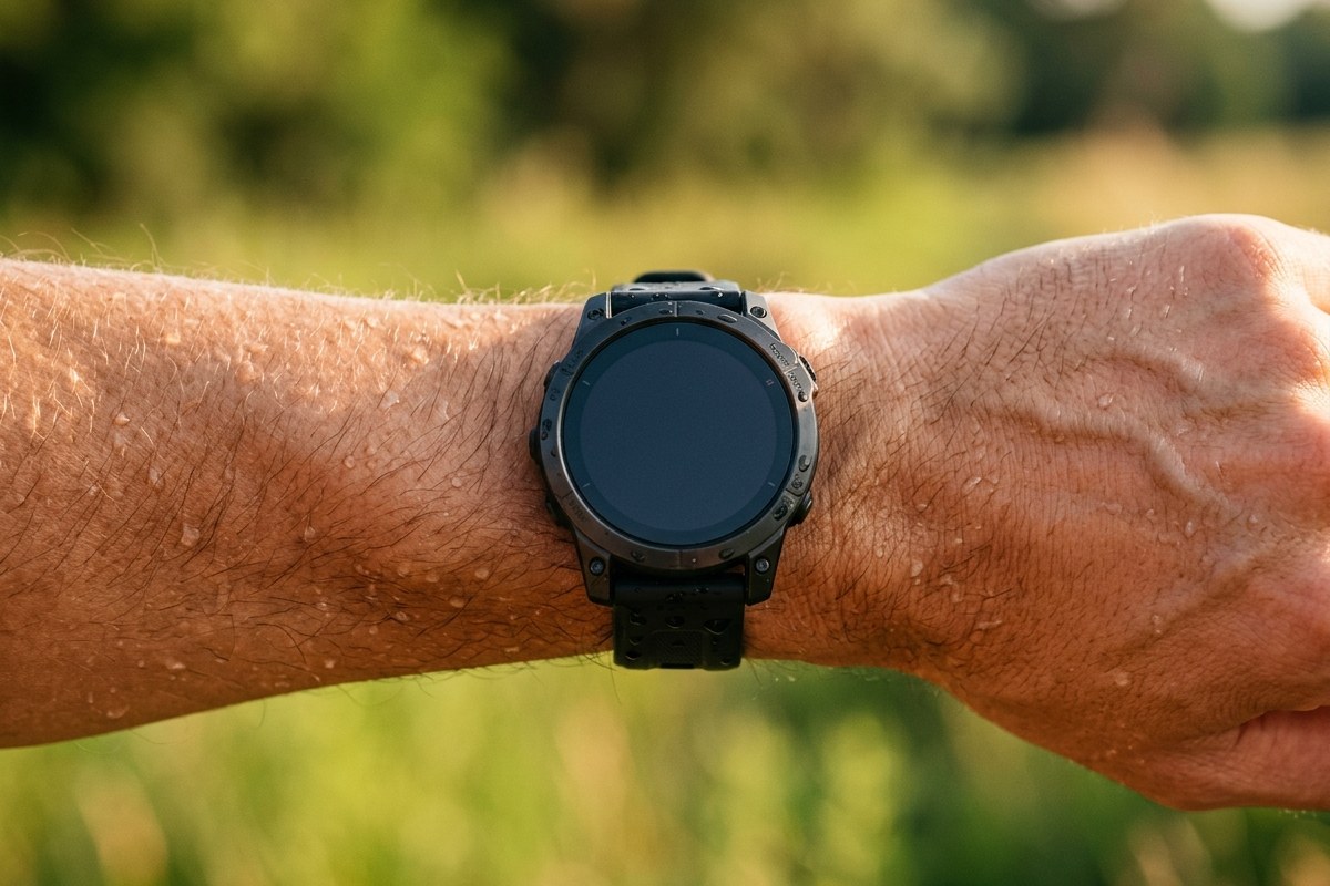 Gros plan d'un poignet de coureur portant une montre GPS, gouttes de sueur sur la peau, fond de prairie verte floutée