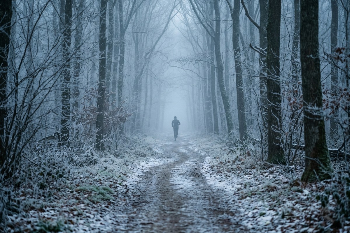 Sentier enneige en sous-bois avec un coureur silhouette au loin dans la brume matinale