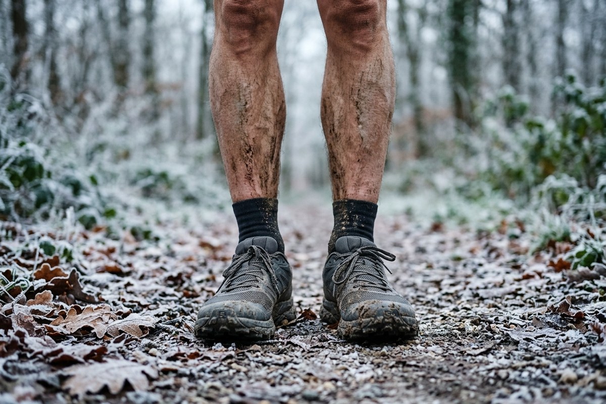 Gros plan sur des chaussures de trail et des mollets couverts de boue sur un sentier hivernal