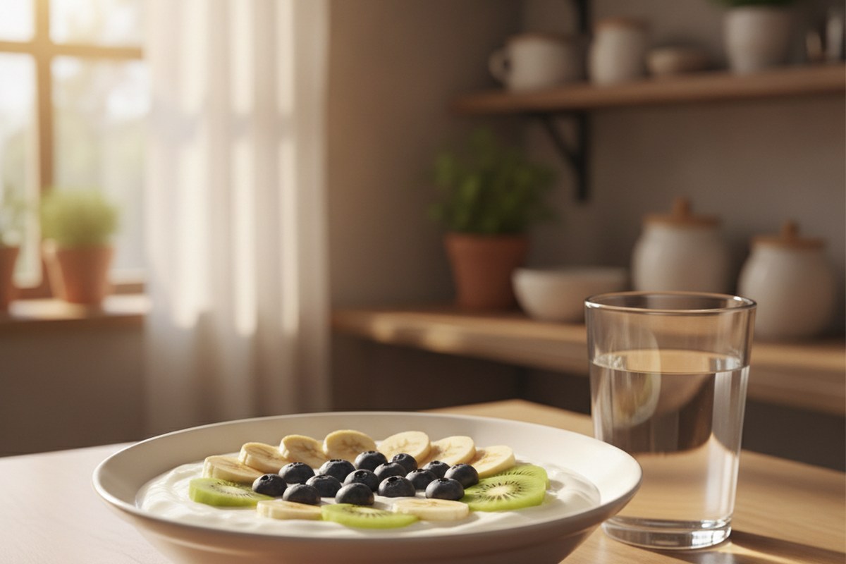 Bol de yaourt nature avec fruits frais au petit-dejeuner d'un coureur