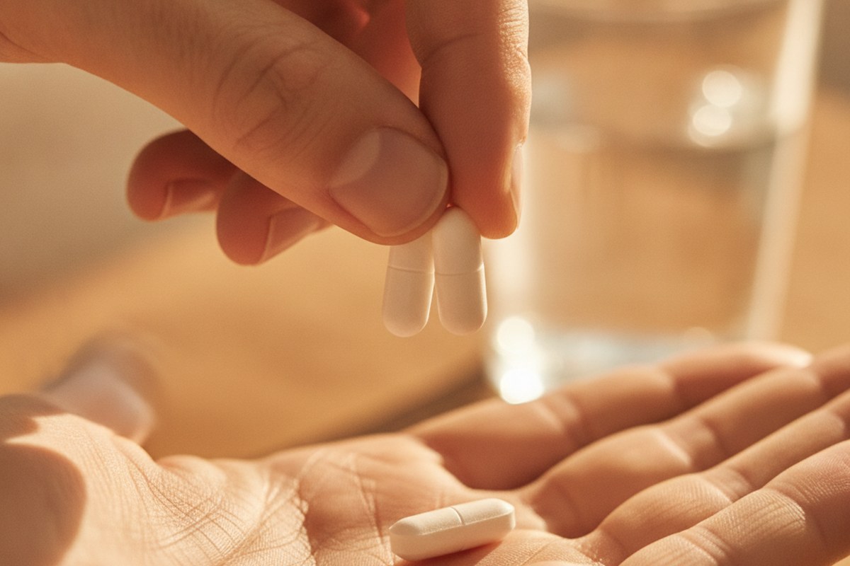 Gelules probiotiques dans la main d'un coureur au petit-dejeuner, lumiere naturelle