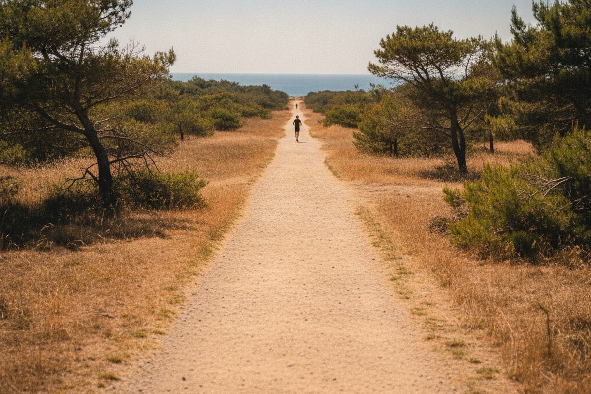 Sentier ensoleillé et découvert en plein été, en bord de littoral