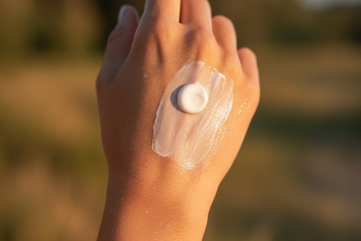 Application de crème solaire sur l'avant-bras avant une sortie estivale