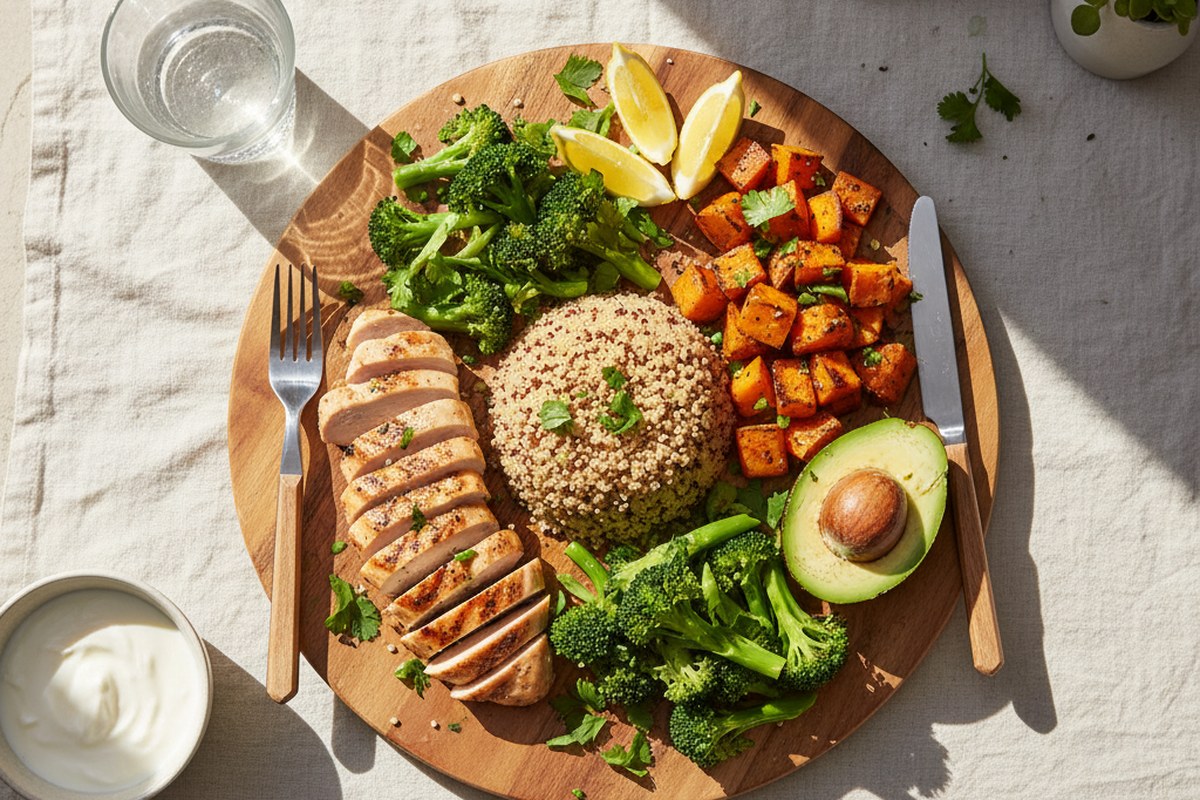 Repas equilibre du coureur avec proteines, glucides et legumes sur planche en bois