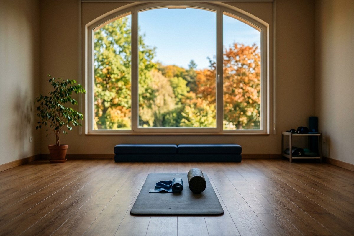 Salle de rééducation lumineuse avec un tapis d'exercice, un rouleau de massage et un élastique au sol