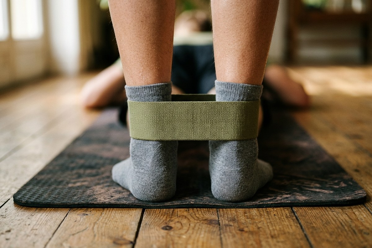 Élastique de renforcement passé autour des chevilles d'une personne allongée sur un tapis