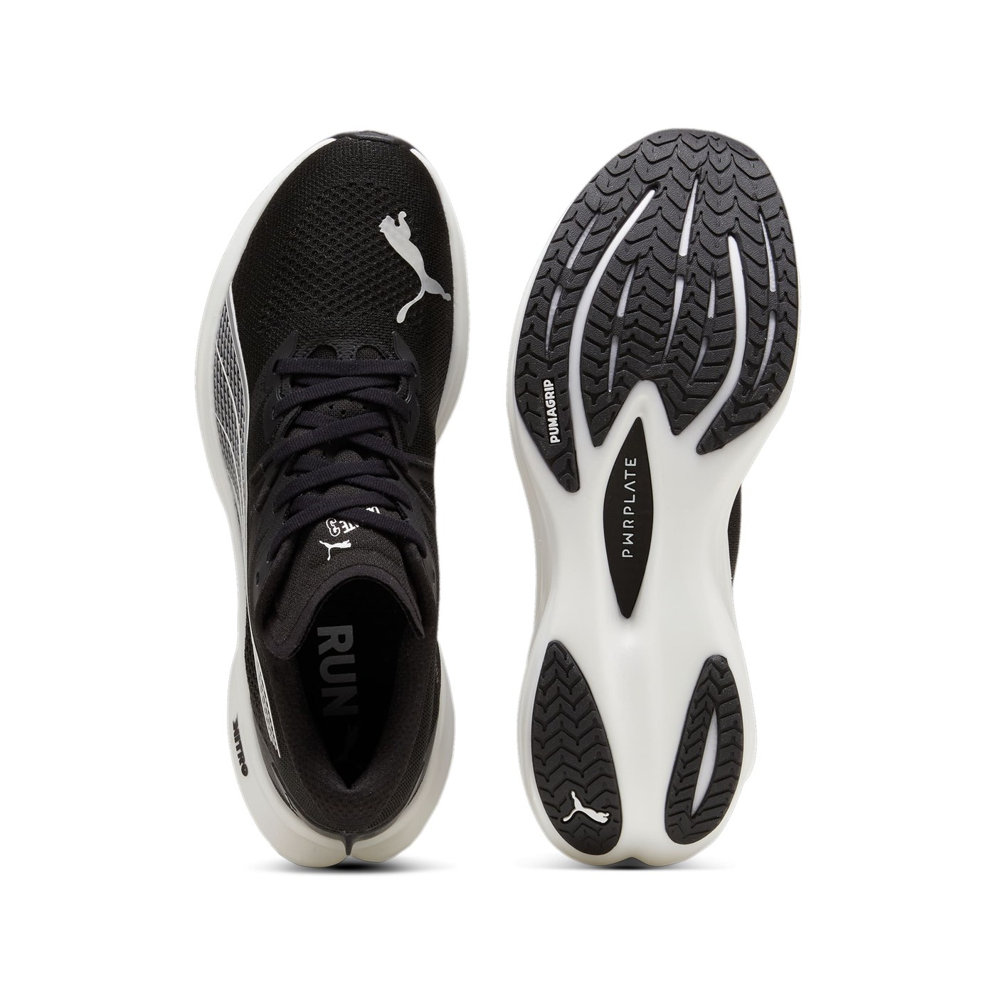 Puma Deviate Nitro 3 vue de dessus et semelle PUMAGRIP avec marquage PWRPLATE