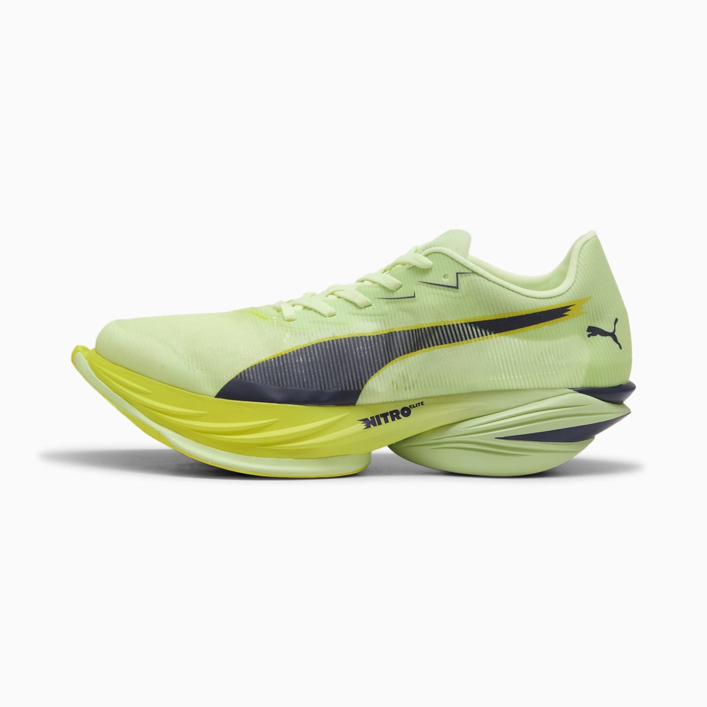 Puma Fast-R Nitro Elite 3 vue de profil latéral montrant la mousse NITROFOAM Elite et la plaque PWRPLATE