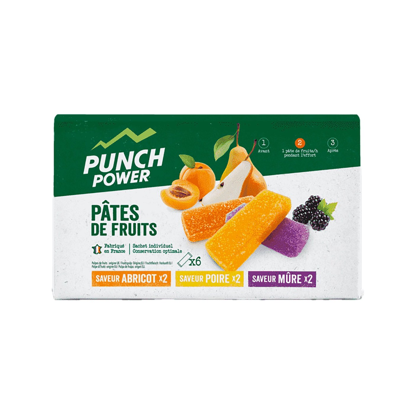 Punch Power Energie-Fruchtgelees, Sechserbox in den Sorten Aprikose, Birne und Brombeere