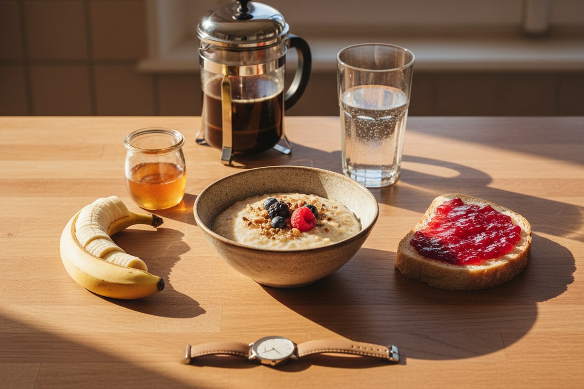 Spread de petit-déjeuner avant course avec porridge, banane, miel et eau