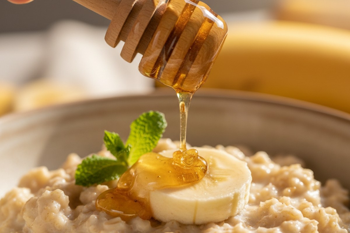 Gros plan sur du miel coulant sur une rondelle de banane et un bol de porridge