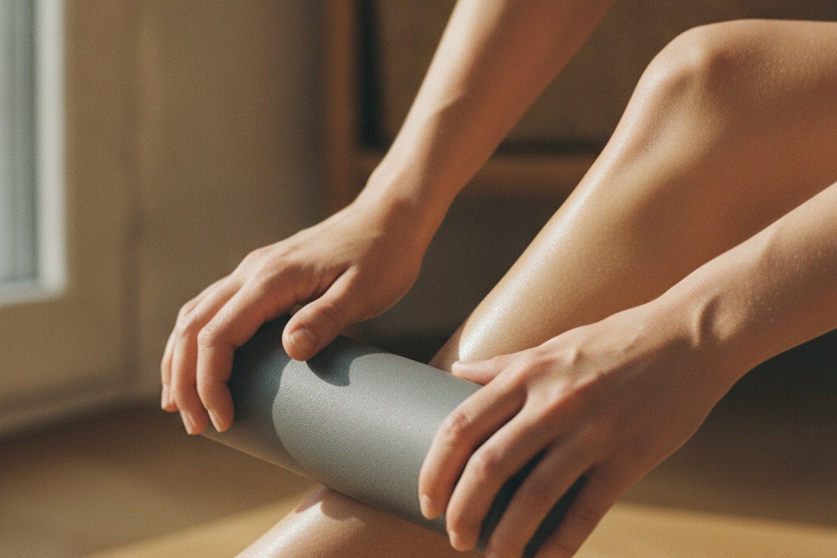 Gros plan sur des mains qui utilisent un foam roller sur un mollet