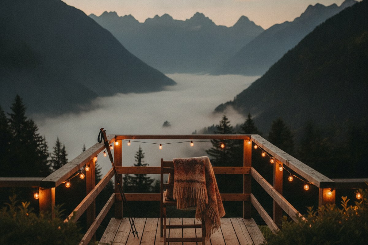 Terrasse de refuge de montagne au crépuscule avec une chaise vide et une couverture, propice au repos après l'effort
