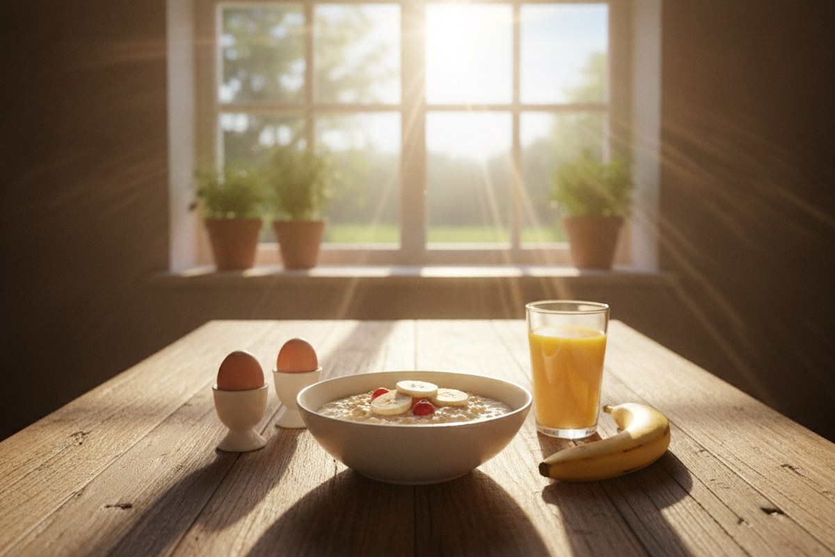 Petit-déjeuner complet d'athlète posé sur une table en bois au soleil du matin