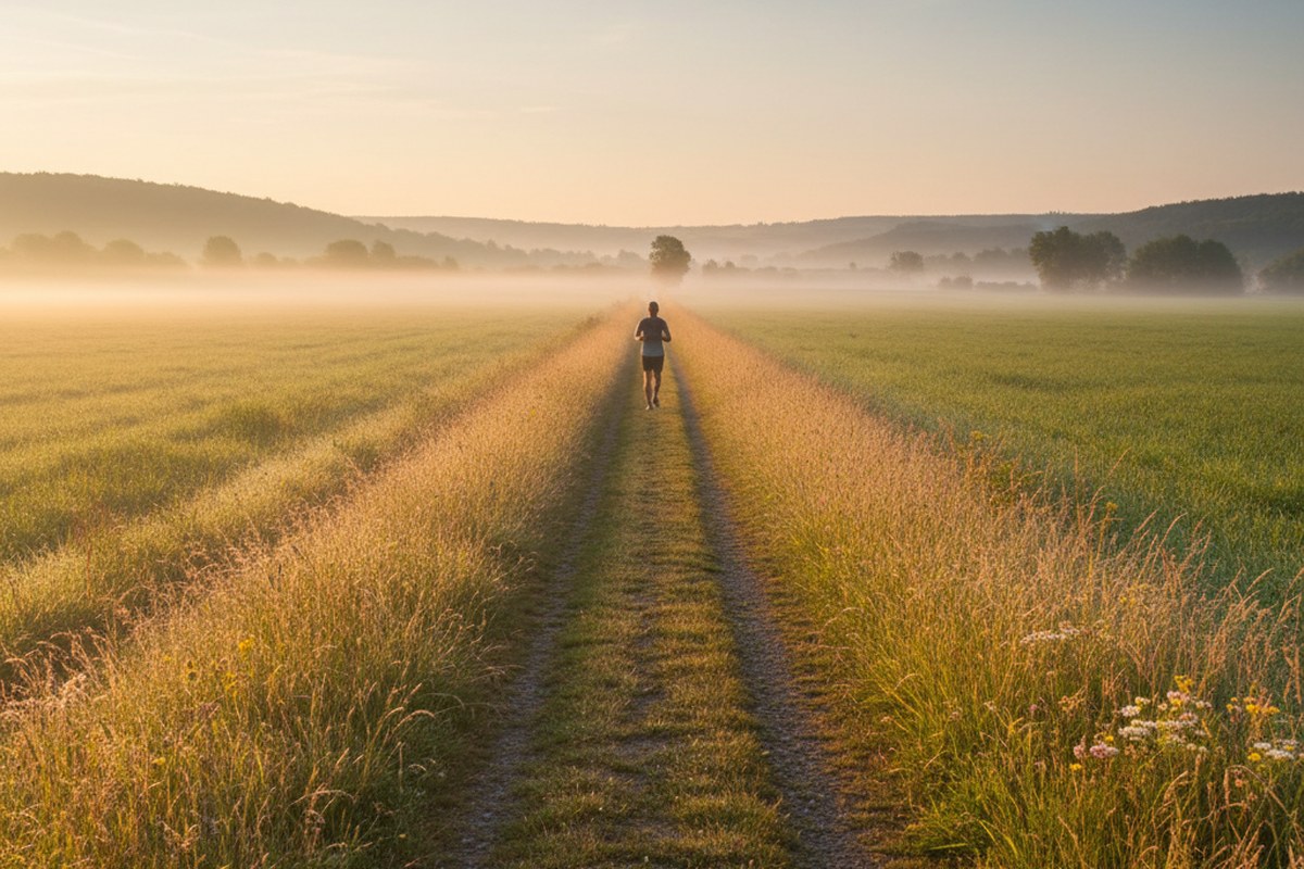 Coureur solitaire au lever du soleil sur un sentier de campagne