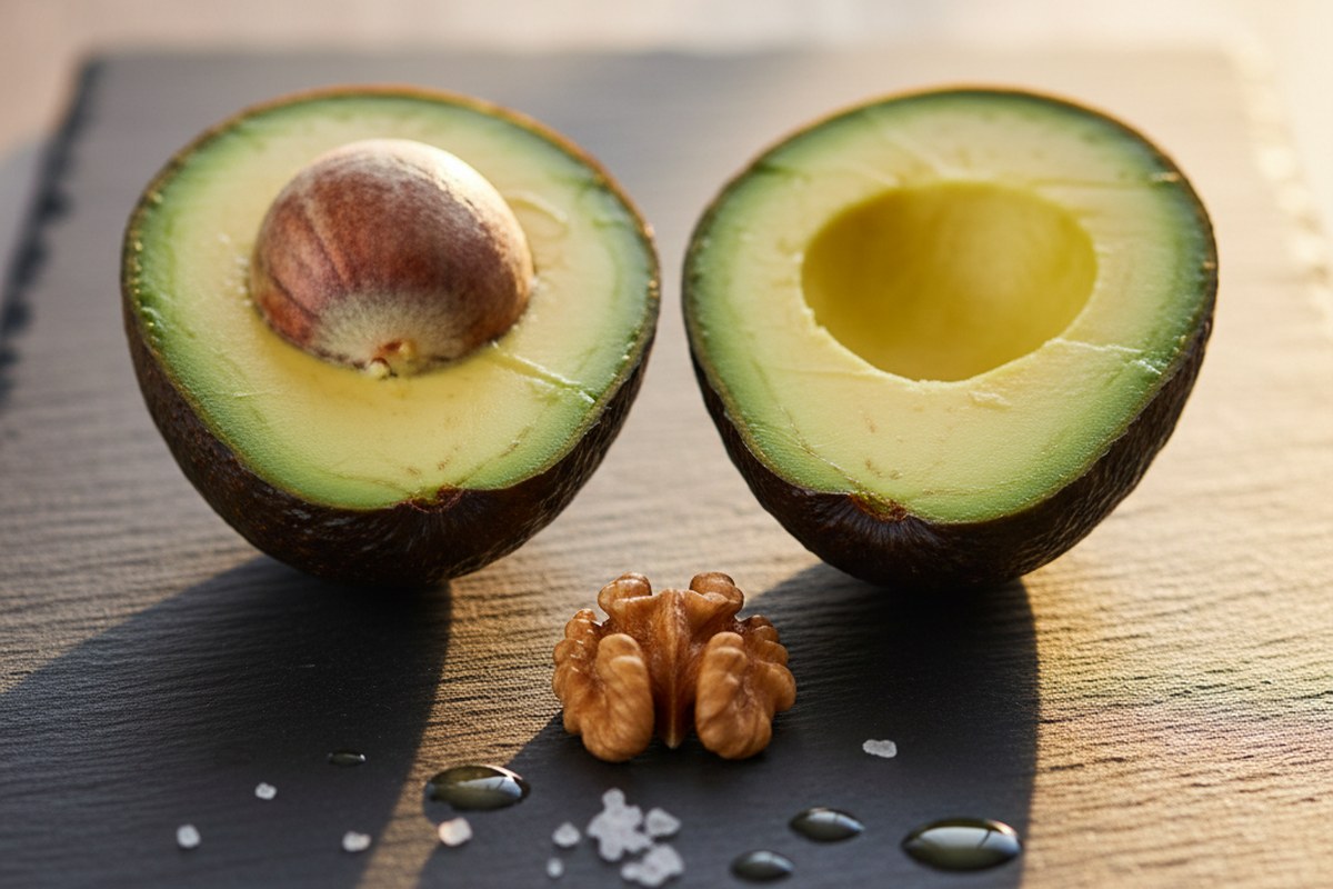 Demi-avocat, huile d'olive et noix sur planche en ardoise