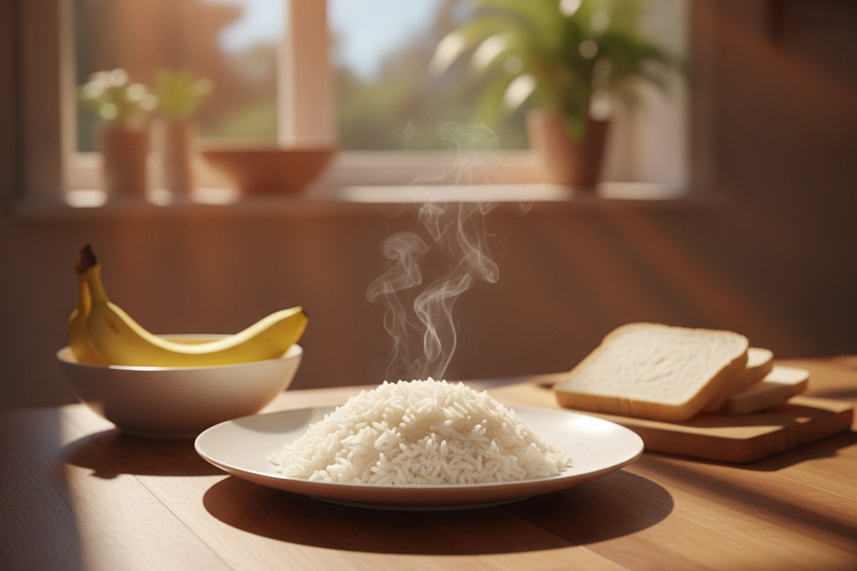 Assiette de riz blanc, bananes et pain blanc disposés sur une table de cuisine ensoleillée