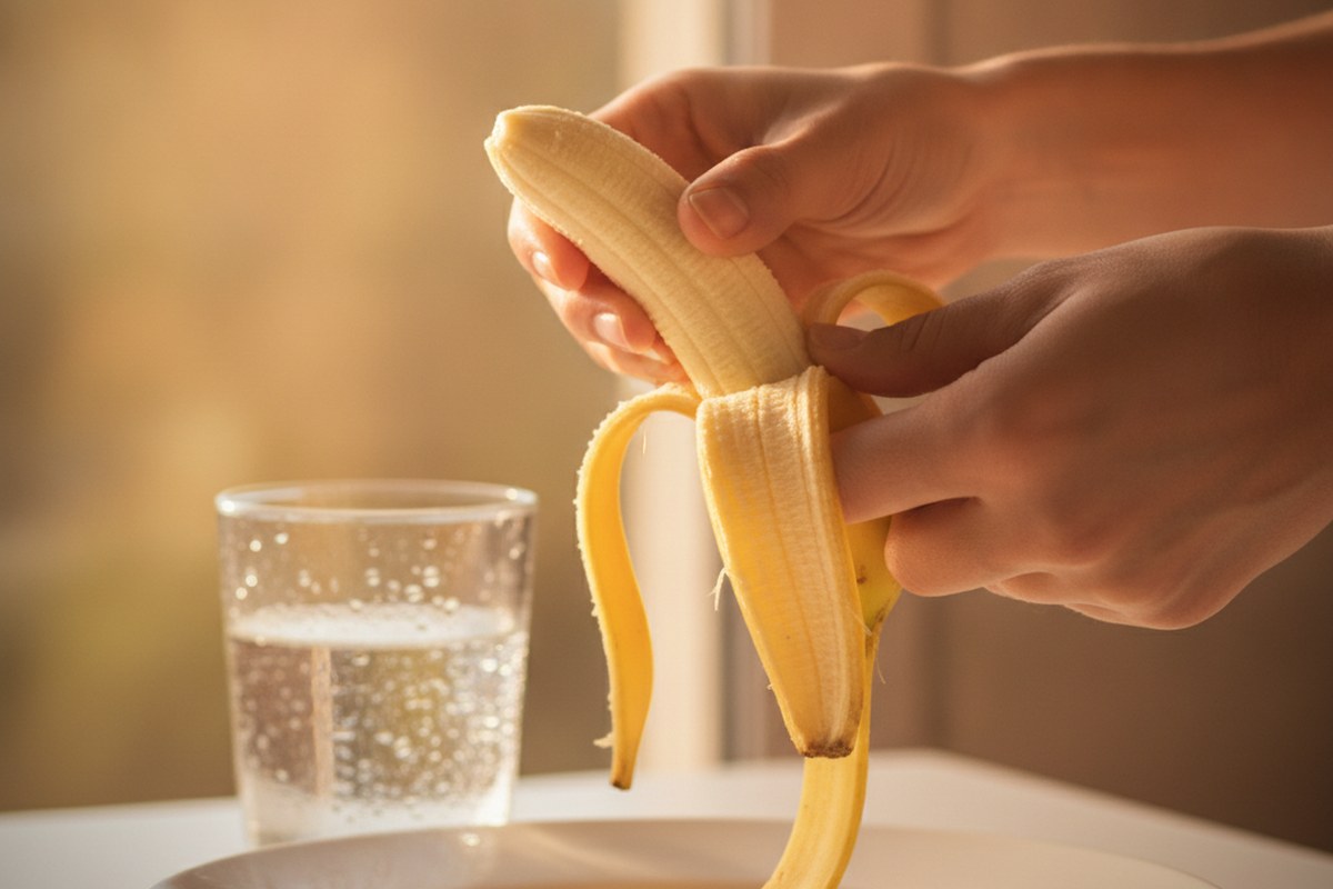 Mains épluchant une banane au-dessus d'un verre d'eau, lumière du matin