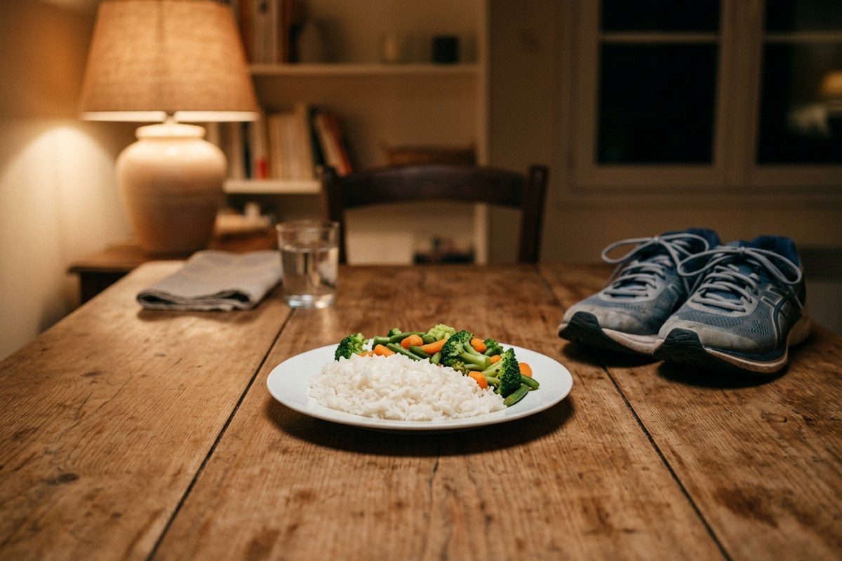 Assiette de riz et légumes vapeur posée sur une table en bois, avec des chaussures de course à proximité