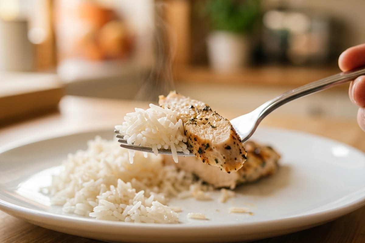 Gros plan sur une fourchette soulevant du riz blanc et une tranche de poulet grillé dans une assiette