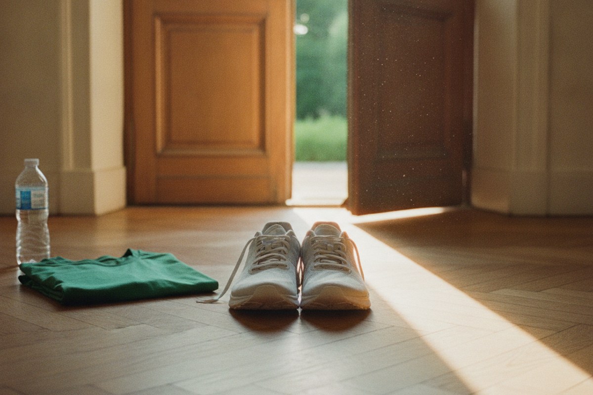 Paire de chaussures de running posée près d'une porte d'entrée ouverte au lever du soleil