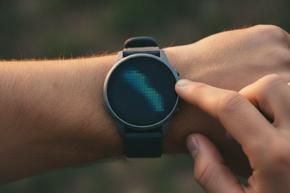 Doigt qui démarre une montre GPS au poignet avant une sortie running